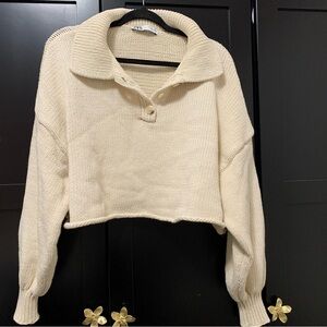 Zara Cream Sweater Large Cropped Scandi Girl Cabincore Neutral Knits
